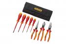 The Fluke insulated hand tools starter kit contains the most often used screwdrivers, pliers and cutters. Three sizes of slot screwdrivers. #1 and #2 Phillips screwdrivers. Long nose pliers, heavy duty diagonal cutters and heavy duty lineman combination pliers. All made from hardened chromium-molybdenum-vanadium (CMV) steel. All certified to 1000 volts AC and 1500V DC. All with a limited lifetime warranty.
